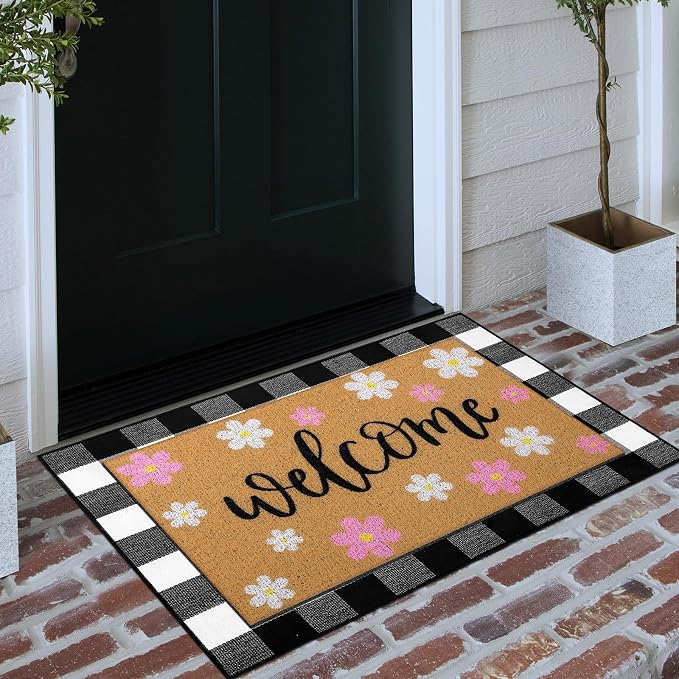 Tinideya 2 Pcs Spring Welcome Door Mat Outdoor Pink Flower Doormats - Image 3