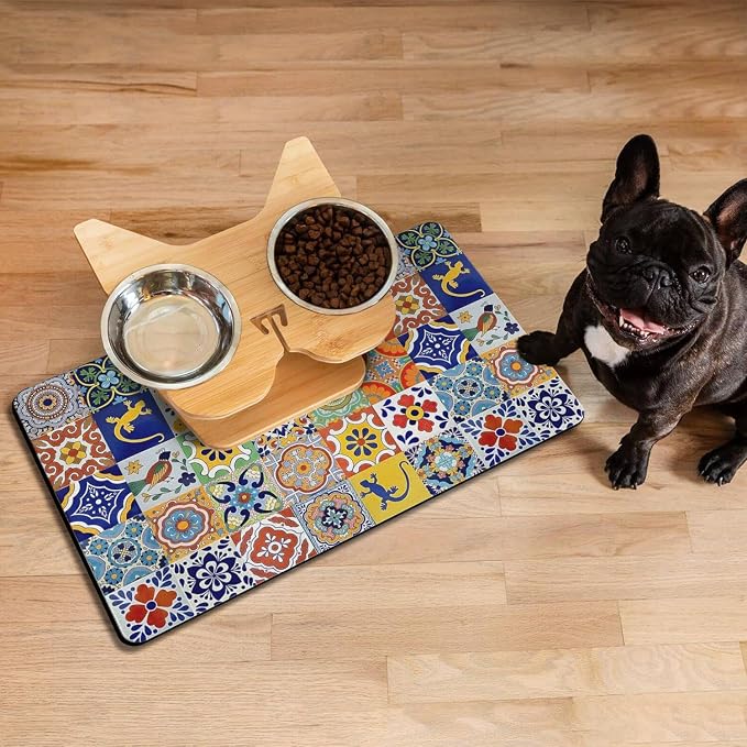 Moroccan Trellis Dog Food & Water Mat, Mexican Talavera Boho Colorful Colorful - Image 3