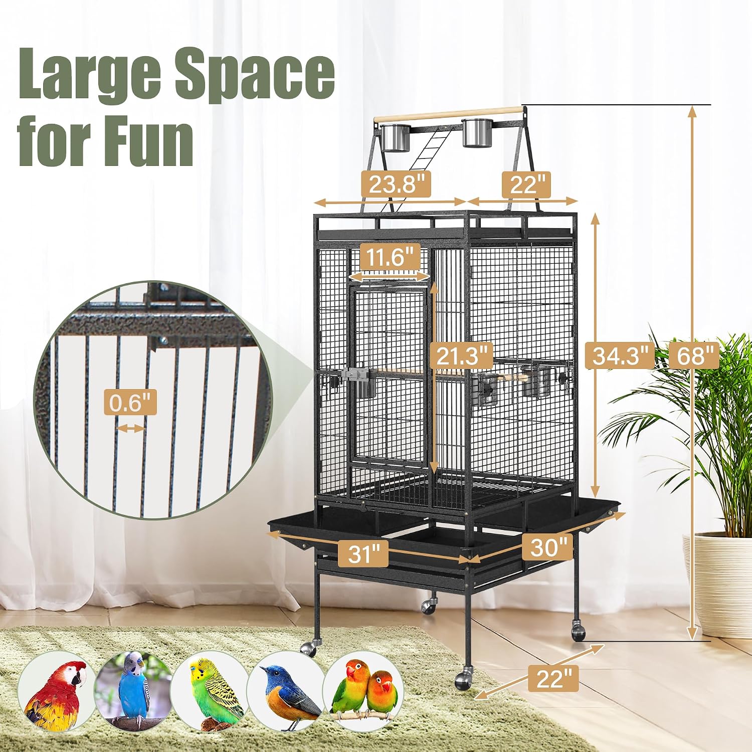 ZENY 68-Inch Birdcage with Playtop and Rolling Stand - GlobalHabitat Supply