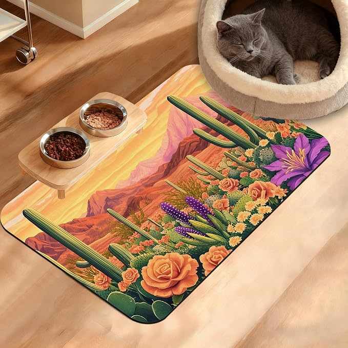 Pet Feeding Mat, Cactus Absorbent Dog Cat Food Mat Desert Dog Mat by Unknown