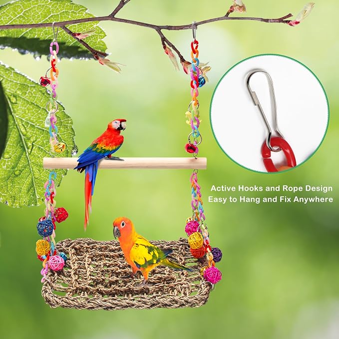 Bird Swing Mat with Wood Perch, AHIER Seagrass Bird Hammock - Image 7