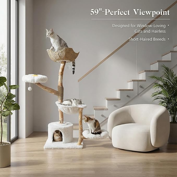 59" Modern Cat Tree Tower for Large Cats w/2 Flower Perches-Natural Solid Wood - Image 6
