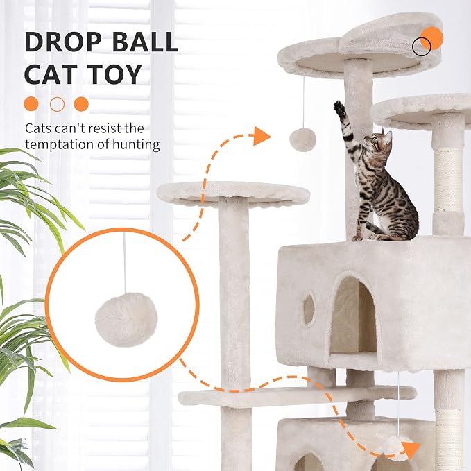 BestPet | 54" Cat Tree Tower | Beige | Sturdy, Hanging Cat Toys, Observation - Image 3