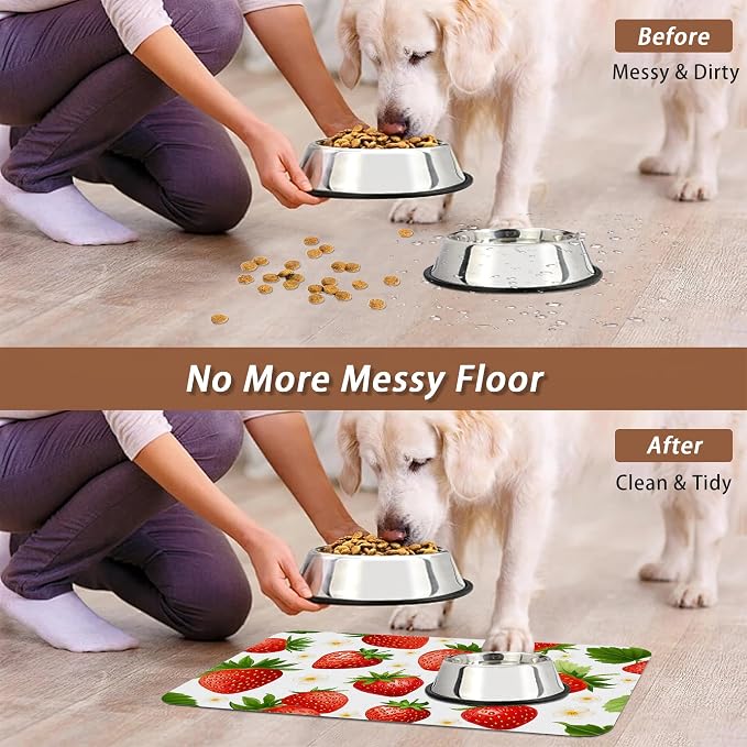 Cute Strawberry Flower Dog Cat Food Mat, Absorbent Pet Feeding Mat - Image 5