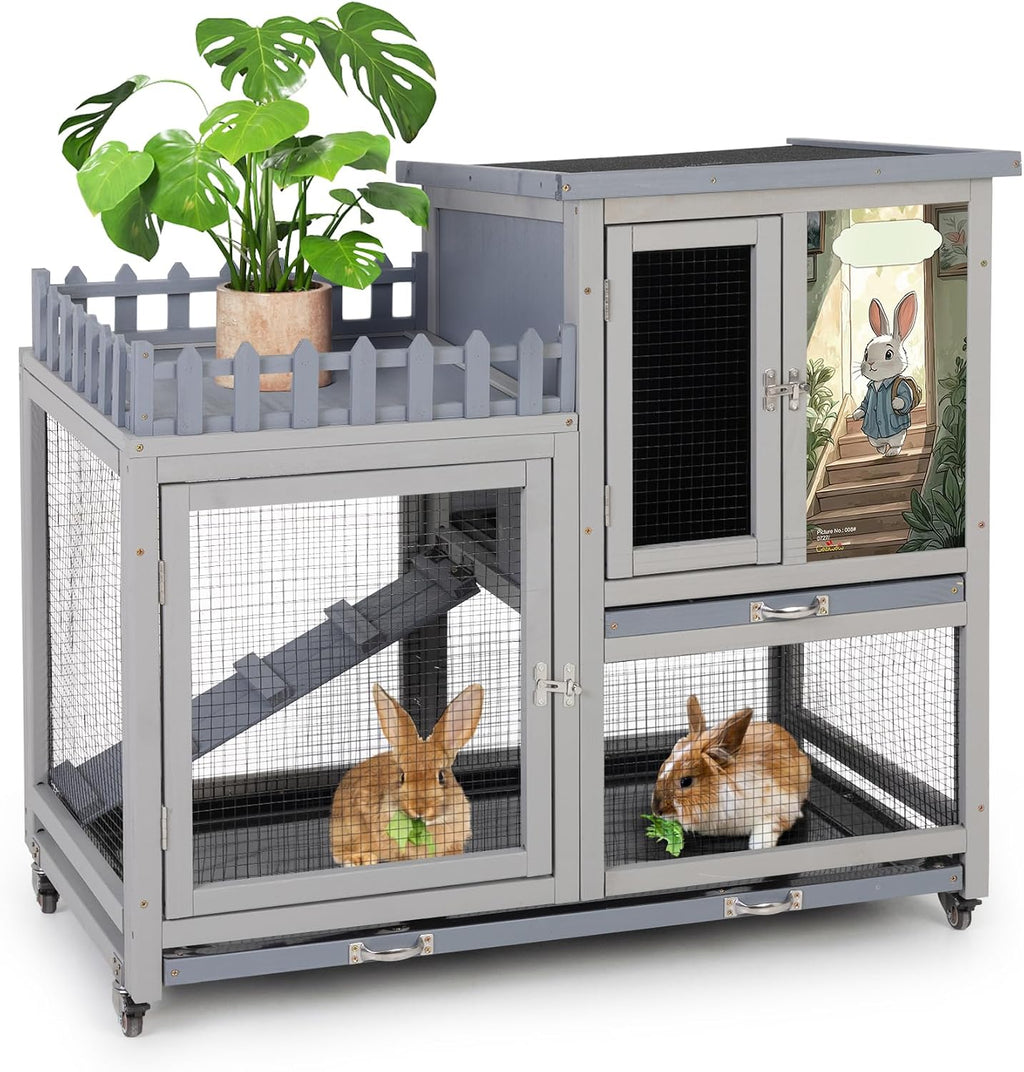 Wood Rabbit Hutch with Balcony and Pull-Out Tray - GlobalHabitat Supply