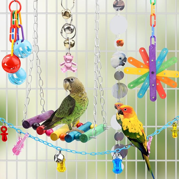 9 Pcs Parakeet Cockatiel Bird Toys, Parrots Cage Accessories Swing Rope Hanging - Image 8