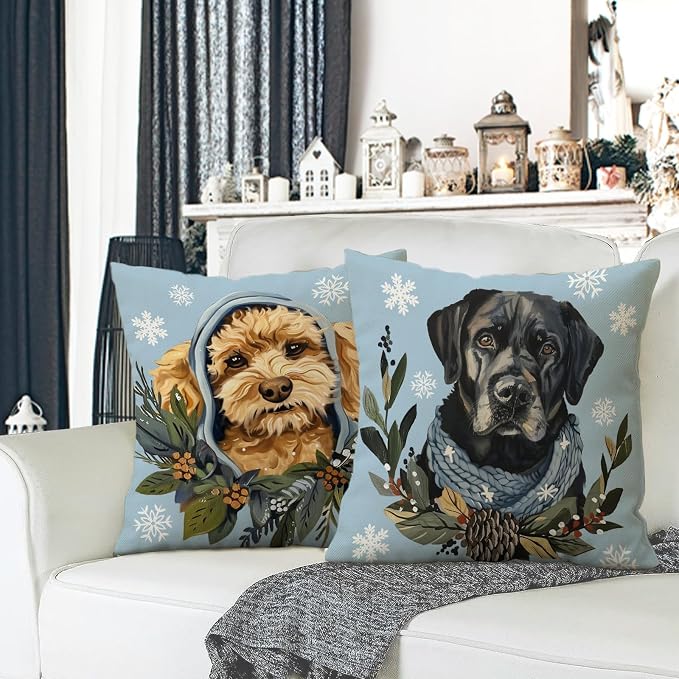 Fahrendom Winter Dogs Decorative Throw Pillow Covers 18 x 18 Set of 4, Boston - Image 2