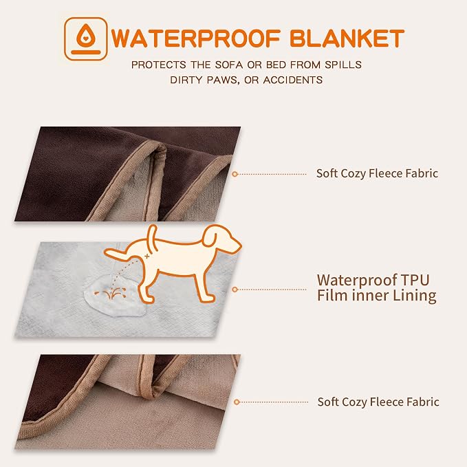 Waterproof Dog Blankets Brown, Soft Fluffy Sofa Car Bed Protector, Reversible - Image 3