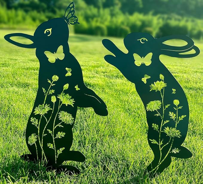 Metal Bunny Garden Decor, Metal Yard Art Animals Garden Stakes Rabbit Silhouette by Doesen