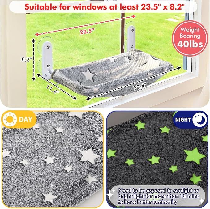Cat Window Perch, Glow in The Dark Cordless Foldable Pet Hammock Bed - Image 4