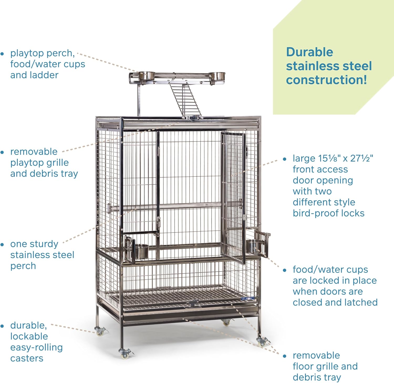 Prevue Pet Products Stainless Steel Playtop Bird Cage, Silver - GlobalHabitat Supply