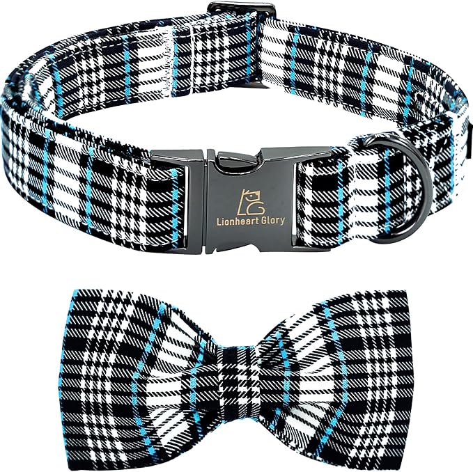 Lionheart glory Dog Bow Collar Blue and Black Plaid Dog Collar by LionheartGlory