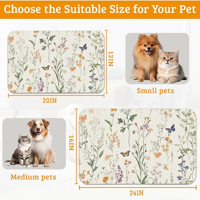 Wildflowers Butterfly Dog Cat Food Mat, Plants Absorbent Waterproof Placemat - Image 6