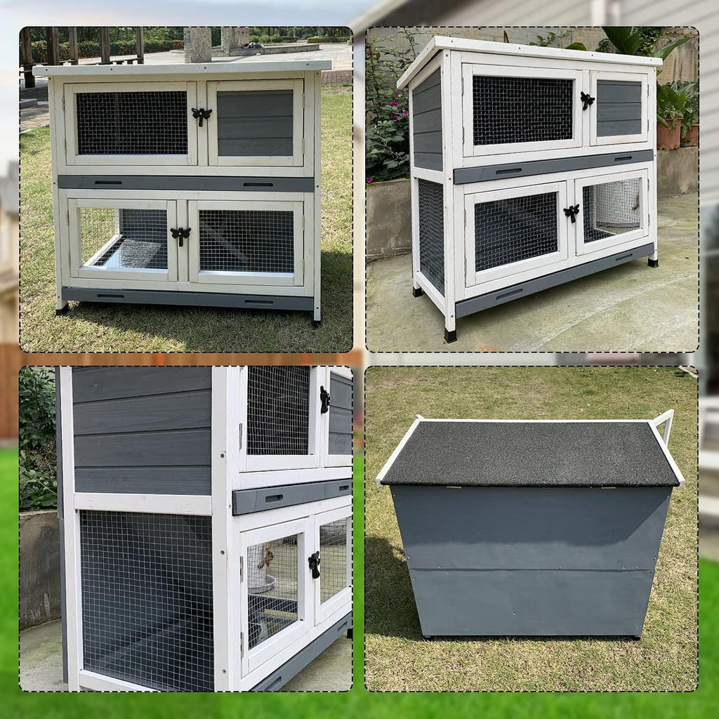 2-Story Solid Wood Rabbit Hutch with 2 Main Rooms, Grey - GlobalHabitat Supply