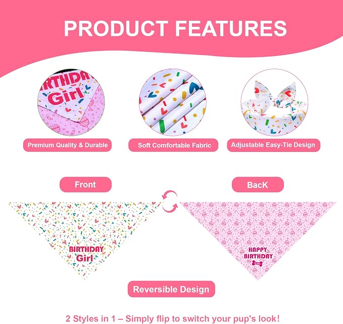 Dog Birthday Bandana Girl for Large to X-Large Dogs, Reversible 2 Patterns in 1 - Image 3