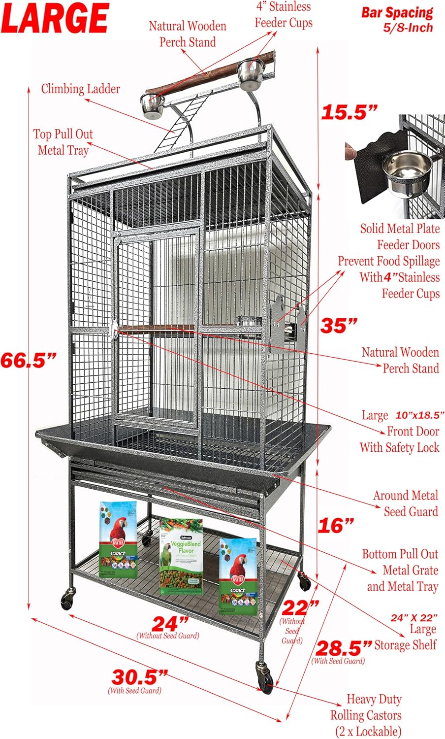 Large Wrought Iron Bird Cage with Play Top and Rolling Wheels - GlobalHabitat Supply