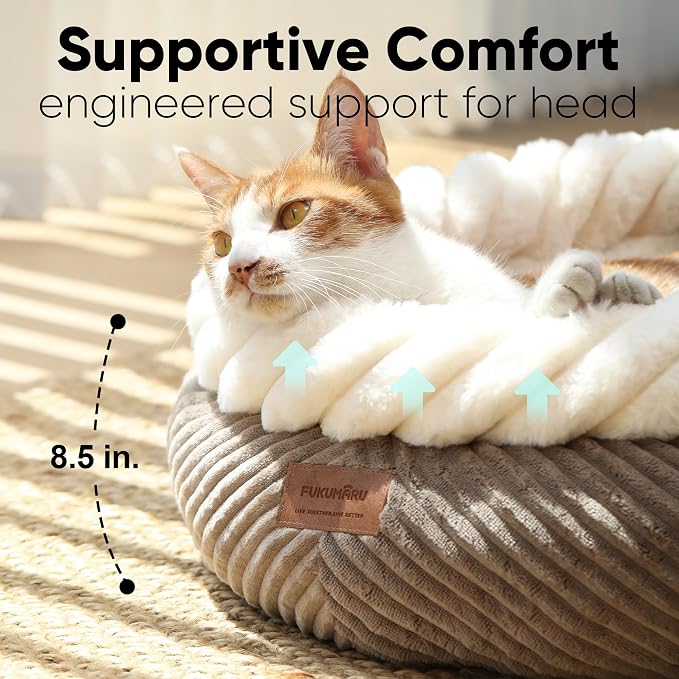 FUKUMARU Cat Bed, Calming Donut Dog Beds, Plush Faux Fur&Corduroy Kitten Beds - Image 4