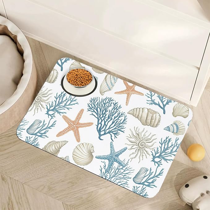 Starfish Dog Food Mat for Floors, Coral Shell Ocean Absorbent Quick-Dry Pet by Unknown