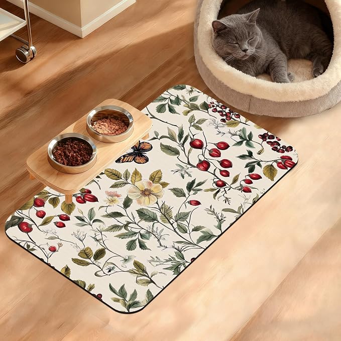 Butterfly Flower Dog Food Mat, Vintage Berry Absorbent Pet Feeding Mat by Unknown