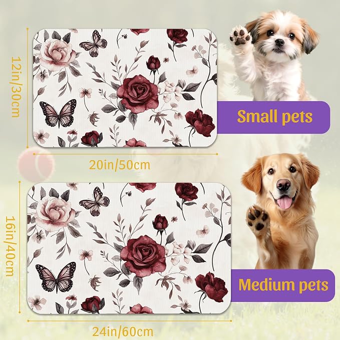 Vintage Flower Butterfly Dog Cat Food Mat, Absorbent Feeding Placemat, - Image 2