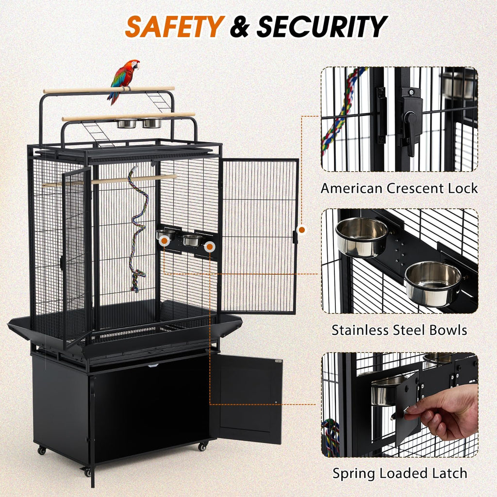 70" Large Bird Cage with Play Top and Storage Cabinet - GlobalHabitat Supply
