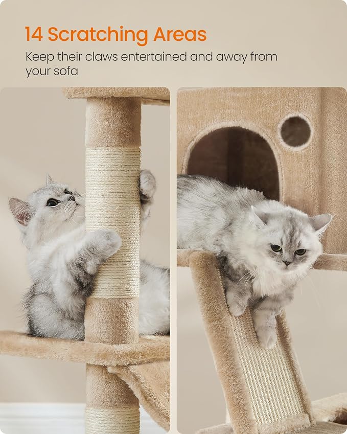 Feandrea Cat Tree, 81.1-Inch Large Cat Tower, 2 Perches, 2 Caves, Camel Brown - Image 6