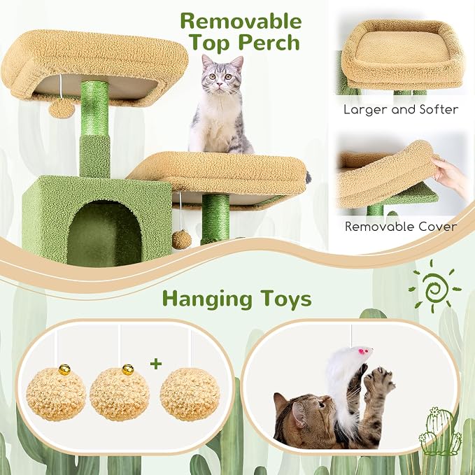 Globlazer Cactus Cat Tree Tower 76-Inch Extra Tall Multi-Level Cat Furniture - Image 5