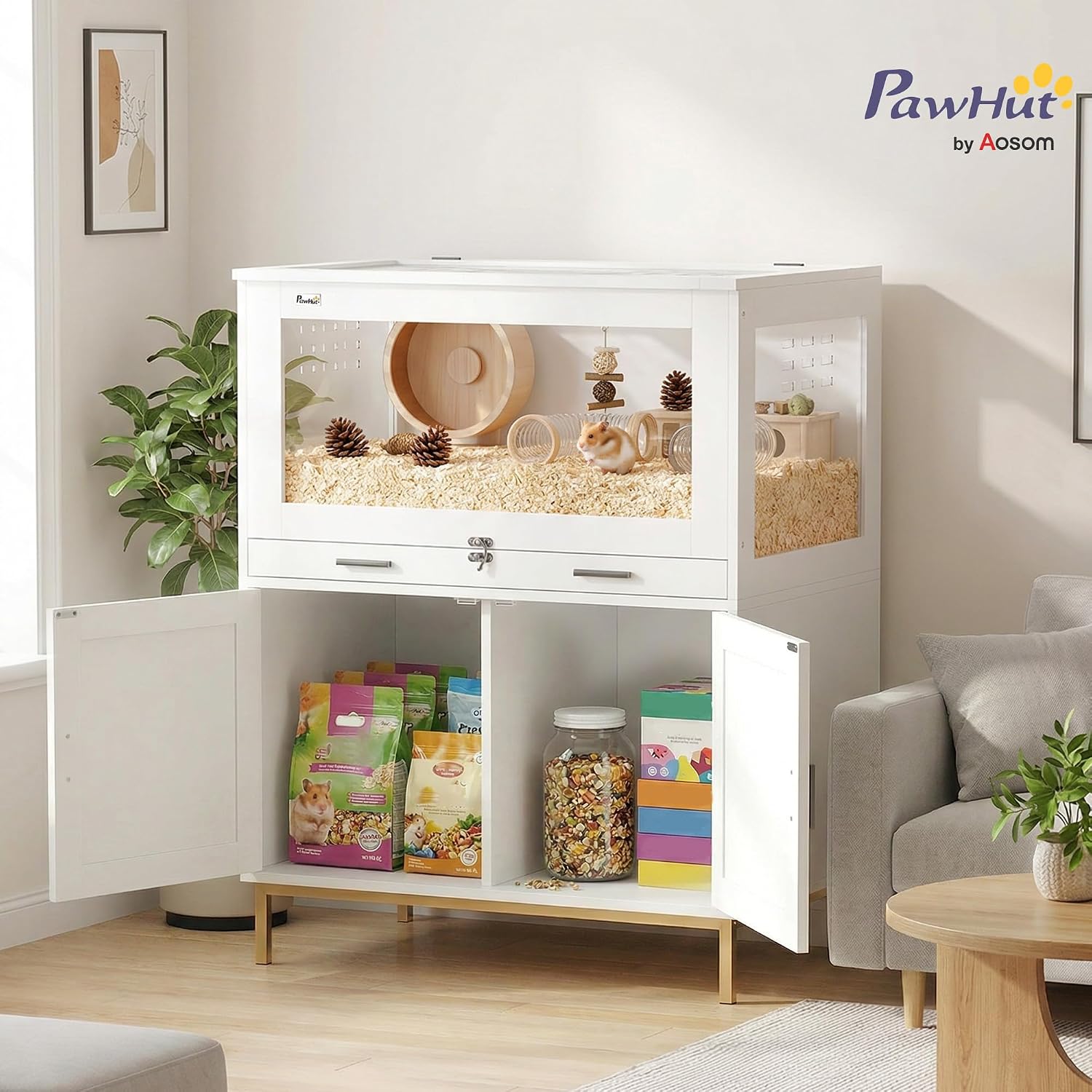 PawHut Hamster Cage with Storage Cabinet, 30in x 19.5in x 36in - GlobalHabitat Supply