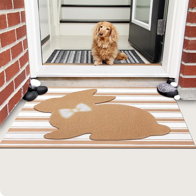Tinideya 2 Pcs Bunny Door Mat Rabbit Welcome Non Slip Coir Mats Brown and White - Image 5