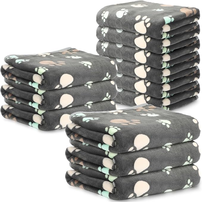 Tegeme 12 Pcs Pet Blankets Soft Fluffy Fleece Dog Cat Warm Paw Print Pattern by Tegeme