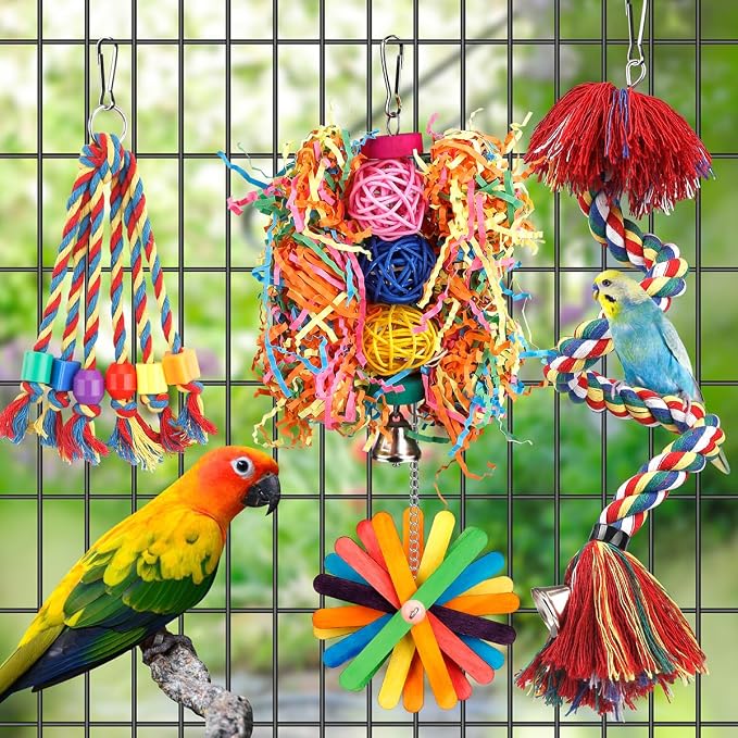 Bird Toys Rope Perch with Bell Colorful Bird Chewing Shredding Foraging Toys - Image 3