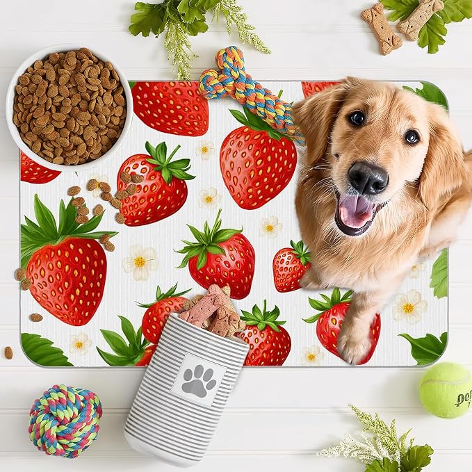 Cute Strawberry Flower Dog Cat Food Mat, Absorbent Pet Feeding Mat - Image 7