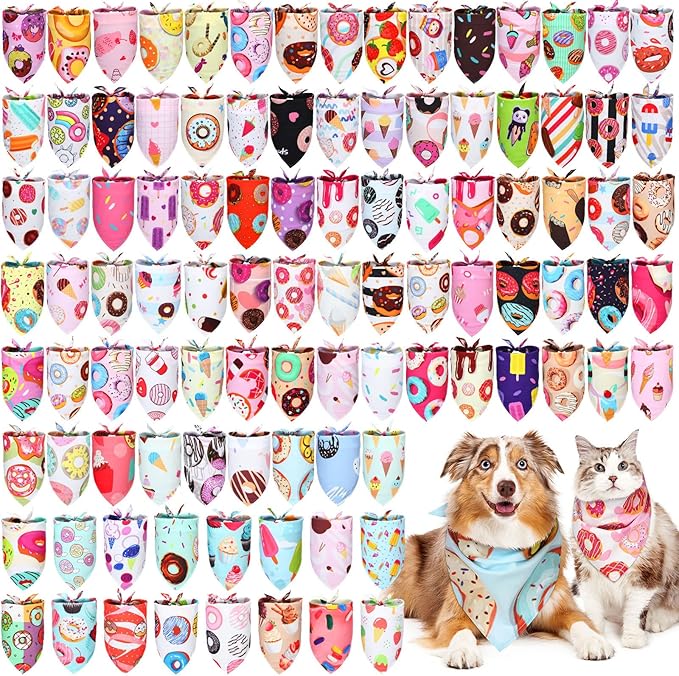 100 Pcs Donut Dog Bandanas Bulk Pet Bibs Colorful Triangle Scarf Donut Pet by Huhumy