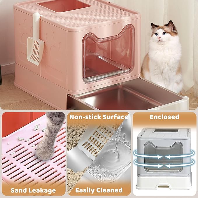 Enclosed Cat Litter Box with Lid Top Exit Covered Metal Stainless Steel Litter - Image 4