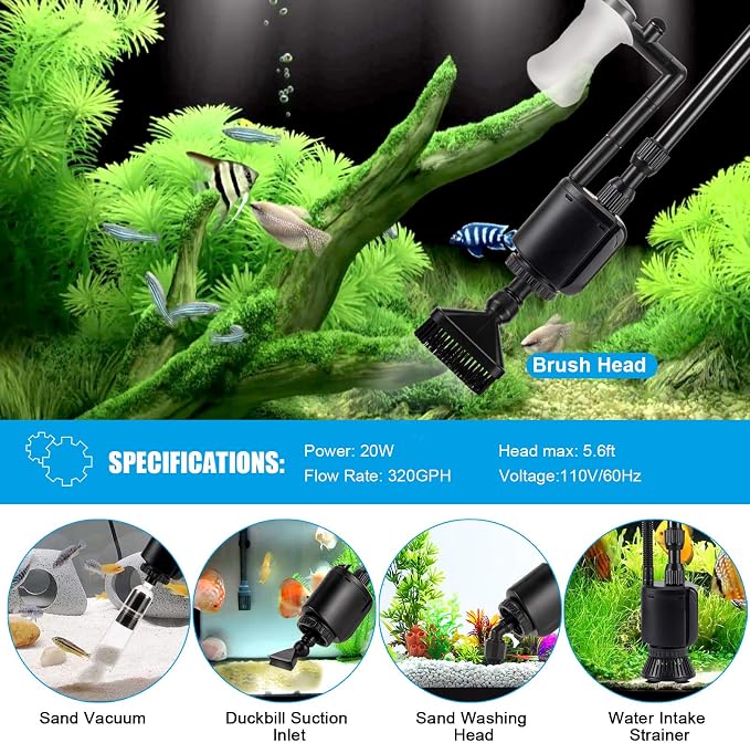 AQQA Aquarium Gravel Cleaner, 6-in-1 Electric Fish Tanks Gravel Vacuum Cleaner - Image 3