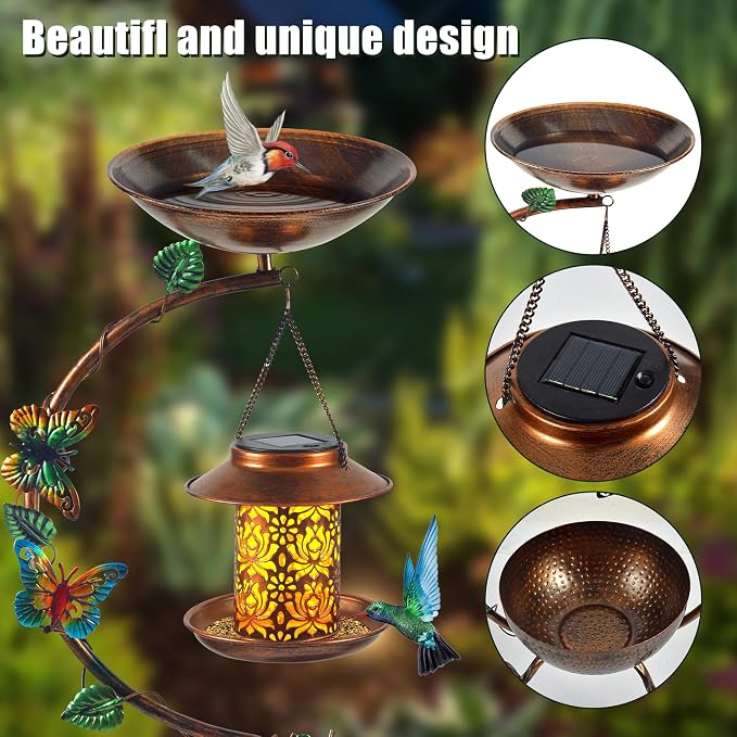 Metal Birdbath with Flower Planter Pedestal and Solar Bird Feeders Combo - Image 4