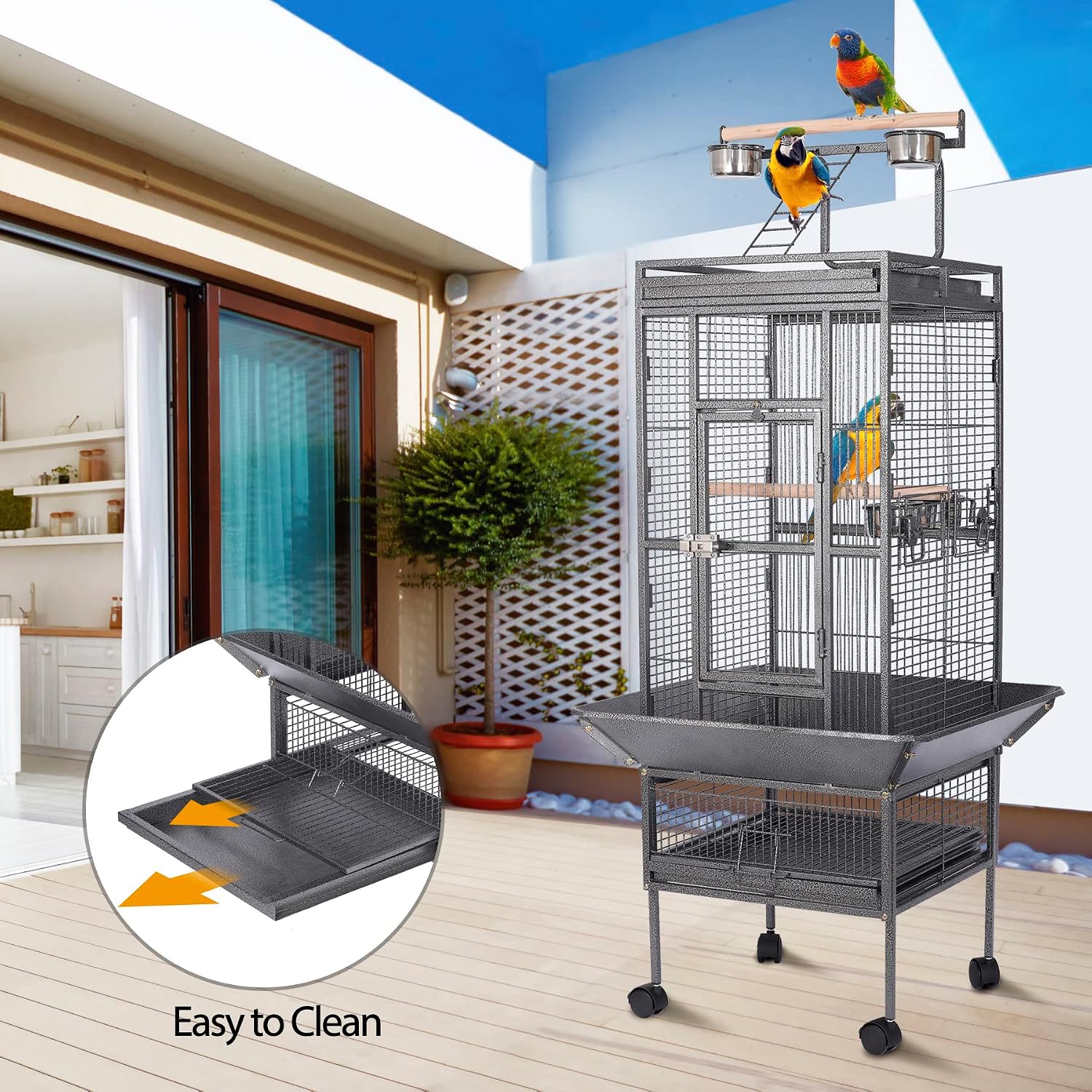 HSM 62 Inch Wrought Iron Bird Flight Cage with Rolling Stand - GlobalHabitat Supply