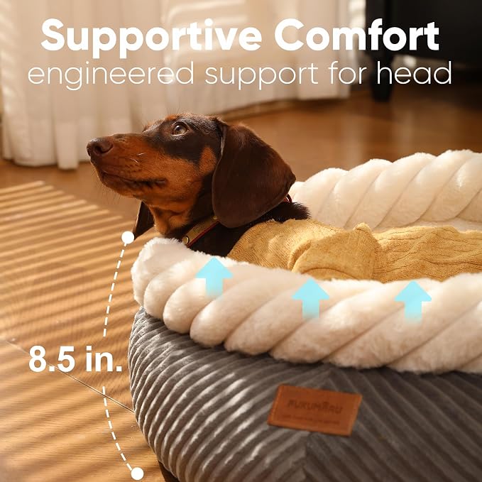 FUKUMARU Dog Bed, Calming Donut Dog Beds, Plush Faux Fur&Corduroy Cat Beds - Image 4