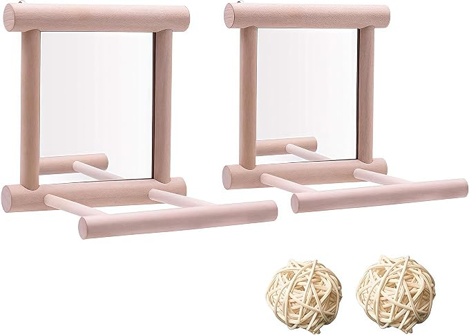 HANZE Bird Mirror Swing with Rattan Ball | Natural Wood Parrot Toy with Metal by HANZE