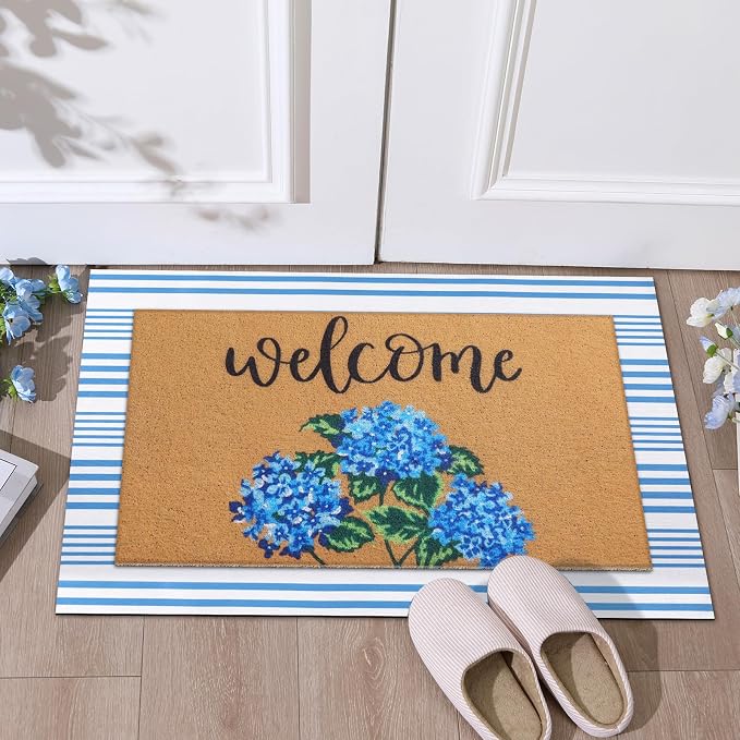Tinideya 2 Pcs Hydrangea Door Mat Blue and White Stripe Welcome Non Slip Flower - Image 8