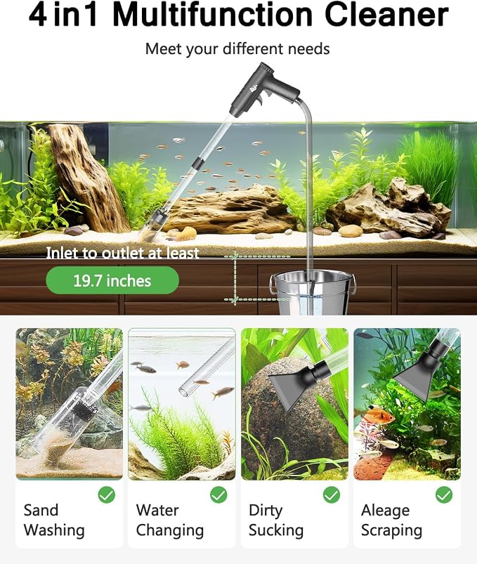 AQQA Aquarium Gravel Cleaner, 4-in-1 Upgrade Suction Power Manual Fish Tank - Image 2