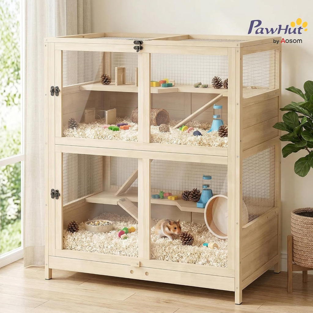 PawHut Wooden Hamster Cage, 33" x 21" x 36" - GlobalHabitat Supply