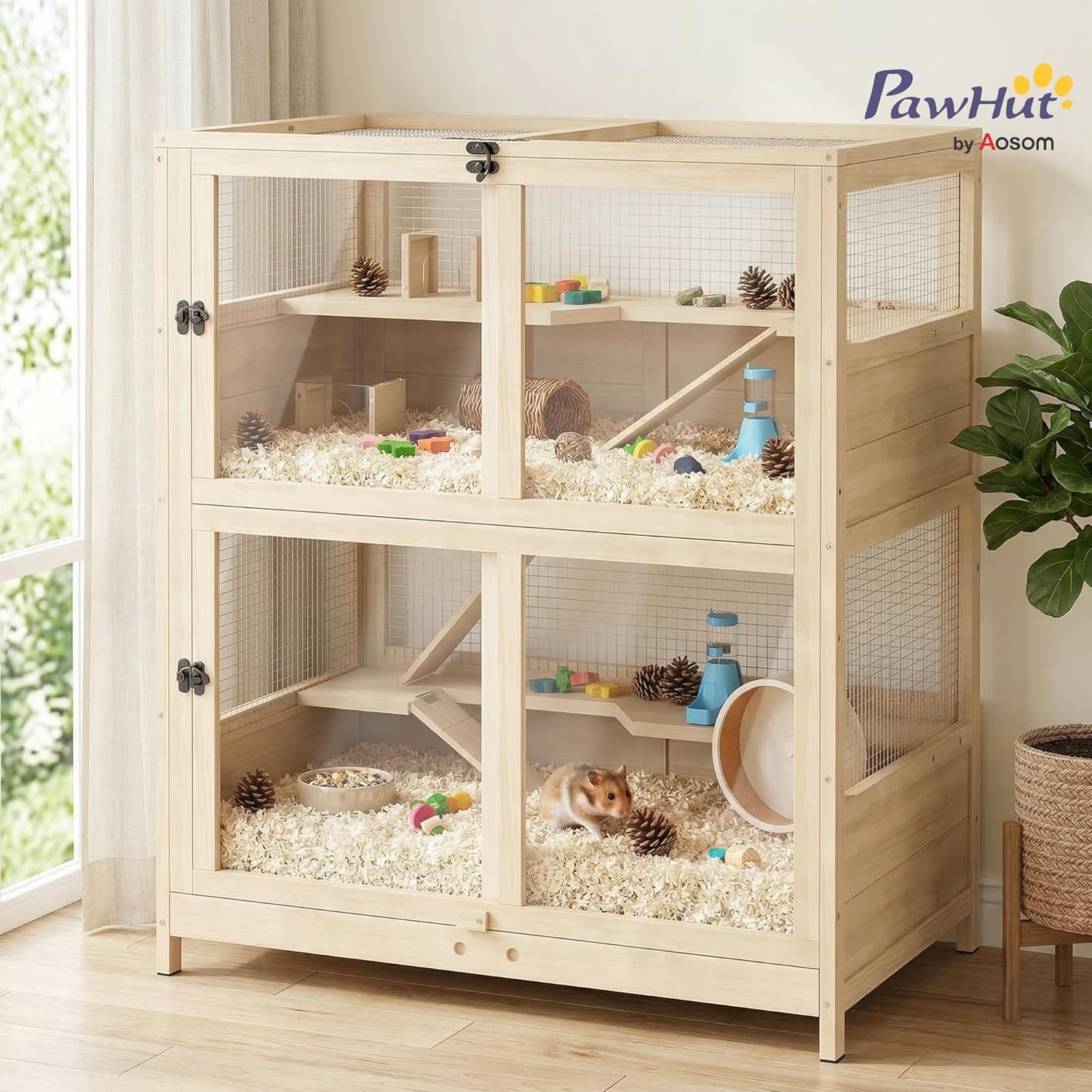 PawHut Wooden Hamster Cage, 33" x 21" x 36" - GlobalHabitat Supply