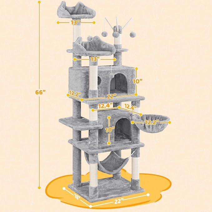 Yaheetech Cat Tree, 67in Large Tower w/ 3 Removable Teaser Sticks, 2 Kitten-Ear - Image 3