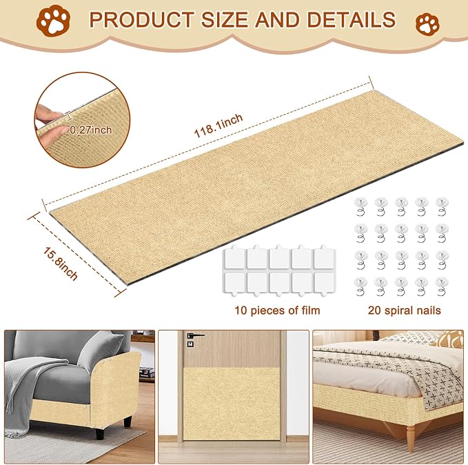 Cat Scratch Mat, 118.5"x15.9" Trimmable Self-Adhesive Cats Scratch Carpet - Image 2