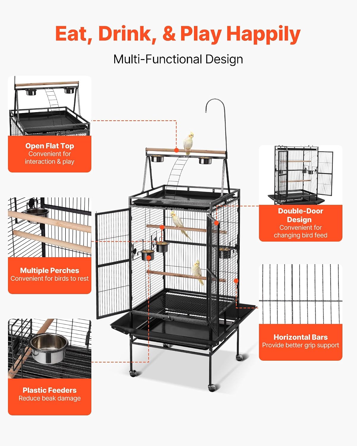VEVOR Bird Cage, 32.7 x 31.1 x 82.7 Inch, Open Flat Top - GlobalHabitat Supply
