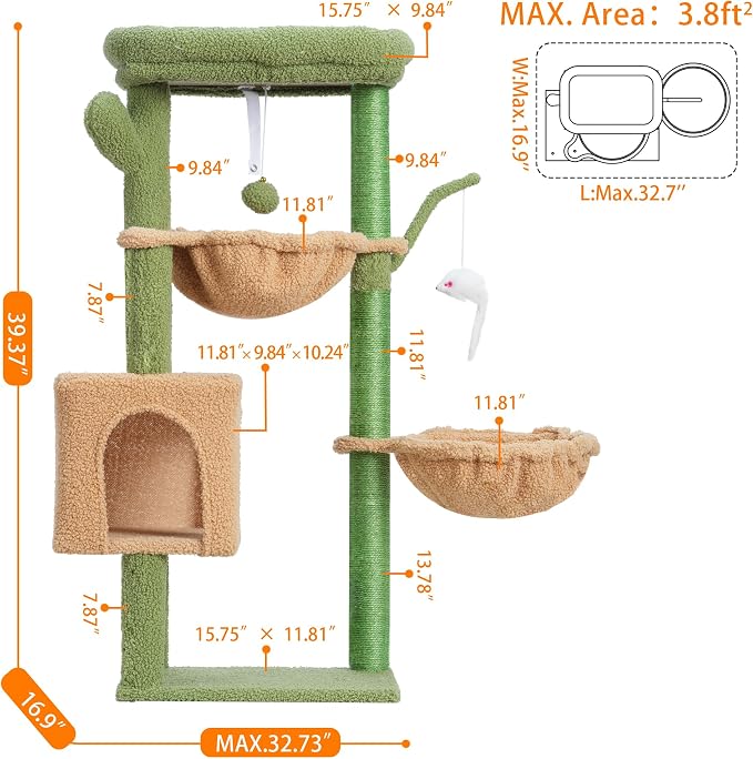 Heybly Cat Tree, 39.4 Inches Cactus Tower Condo - Image 5