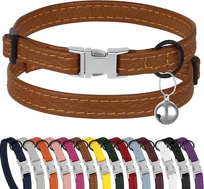 Leather Cat Collar with Buckle and Removable Bell by BUDKAS