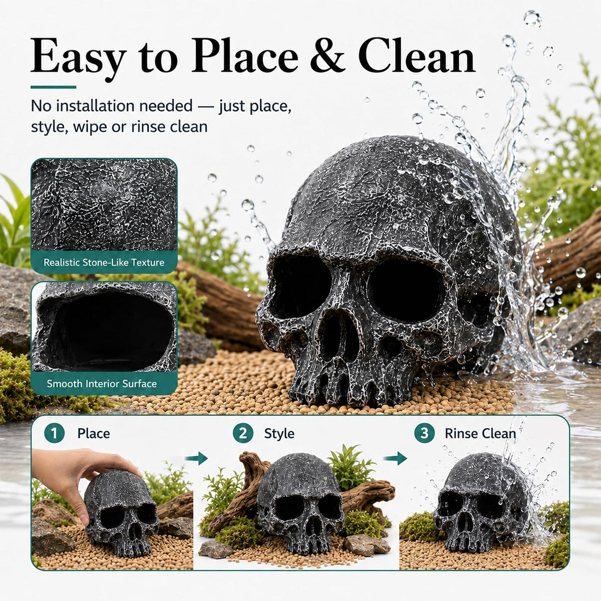 Black Resin Skull Terrarium Hideout