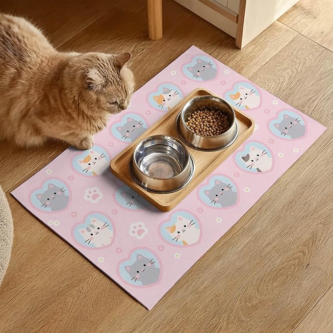Cat Feeding Mat 24x16 inch Pink Heart Kitten Print Pet Bowl Placemat Non Slip - Image 2
